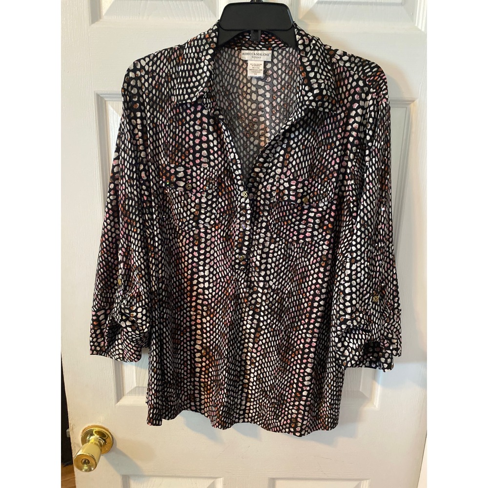 Rebecca Malone Woman Blouse 1X Multicolor Pebble Print Roll Tab Sleeve Top